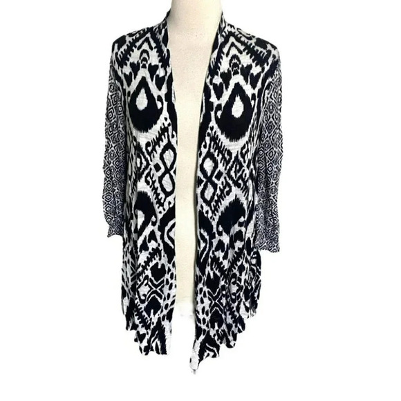 Ruby Rd. L black & white boho print cotton rayon blend‎ open cardigan kimono - Picture 1 of 4